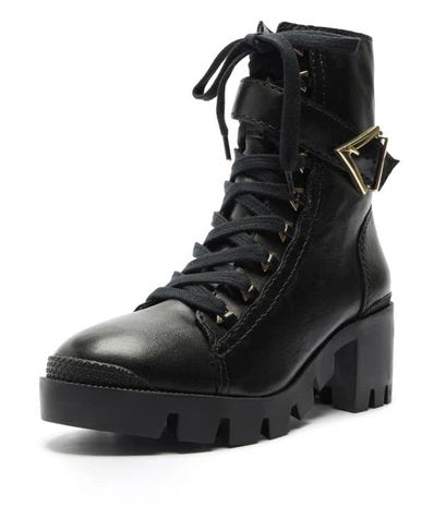 Schutz Black Buckle Lace Up Round Toe Platform Mid Heel Combat Boots