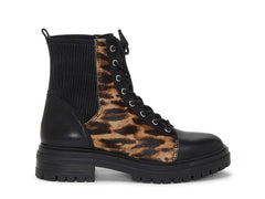 Vince Camuto Bestenda Black Leopard Leather Lace Up Moto Lug Sole Combat Boots