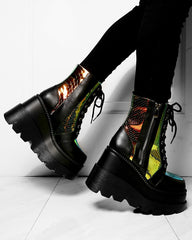 Cape Robbin Radio Holographic Platform Ankle Chunky Block Heels Boots Black