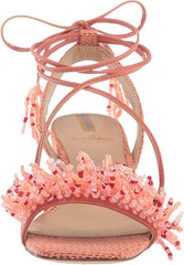 Sam Edelman Walda Stucco Pink Tie Up Square Open Toe Block Heeled Beaded Sandals