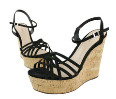 Schutz Louna Wedge Sandal Black Leather Strappy Cork Platform Caged Sandals
