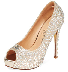 Lauren Lorraine Candy Nude Rhinestone High Platform Peep Toe Wedding Formal Pumps