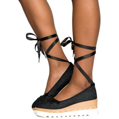 Cape Robbin Fara-5 Tie Up Wedge Platform Black Denim Sandal Pumps White Sole