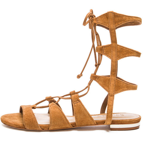 Schutz Erlina Gladiator Sandal Cognac Tan Suede Tie Up Flat Gladiator Sandals