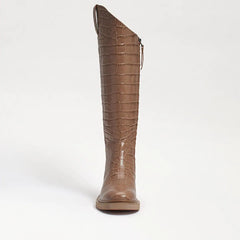 Sam Edelman Fable Cedarwood Croc Wide Calf Leather Block Heel Rounded Toe Boots