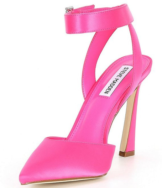 Steve Madden Sarantos Pink Satin Ankle Strap Pointy Toe Stiletto Heeled Sandal
