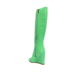 Schutz Up Gianni Green Croc-Embossed Side Zip Pointed Toe Heel Tall Boots