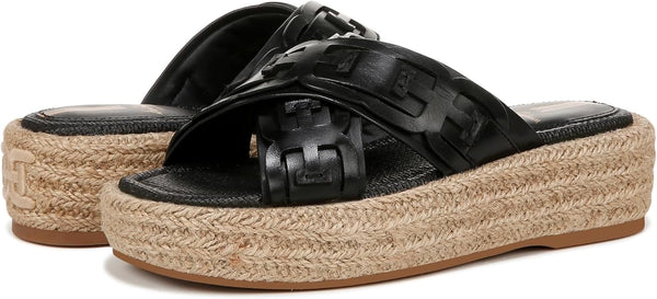Sam Edelman Pria Black Leather Slip On Open Toe Espadrille Wedge Heeled Sandals