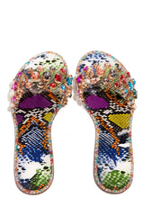 Liliana Honnay-2 Multi Snake Clear Rhinestone Gem Slip On Slide Mule Flat Sandal