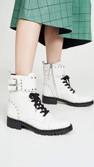 Sam Edelman Jennifer Bright White Leather Lace Up Studded Combat Ankle Boots