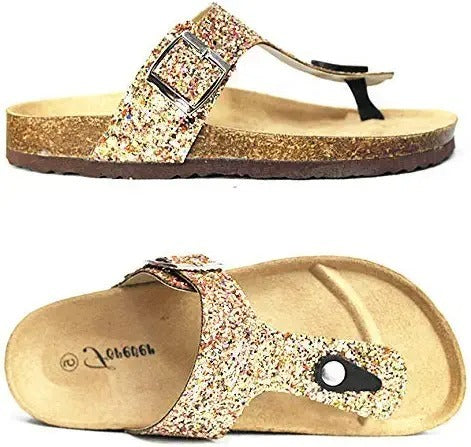 Forever Link Birken-17 Gold Glitter Slip On Casual Platform Vegan Flats Sandals