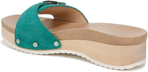 Dr. Scholl's Original Too Court Green Leather Slip On Open Toe Flats Sandals