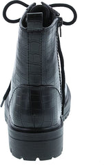 Soda Firm Black Croco Lace Up Round Toe Chunky Platform Combat Ankle Wide Boots