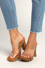 Schutz Aryana Vinyl Brown Double Strap Square Toe Wooden Platform Heel Sandals