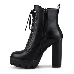 wetkiss Platform Boots for Women, Heeled Combat Boots Chunky Heel Booties Round Toe Lace Up High Heel Ankle Boots
