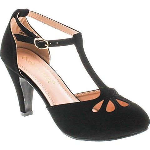 Chase & Chloe Kimmy-36 Women's Teardrop Cut Out T-Strap Mid Heel Dress Pumps