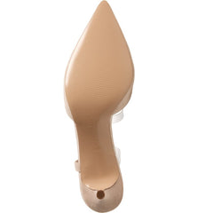 Charles David Alda Nude-Clear Pointed Toe Ankle Strap Padded Footbed Fabric Pump