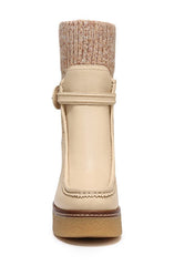 Sam Edelman Sidney Eggshell Leather Pull On Rounded Toe Ribbed Knit Fabric Boots
