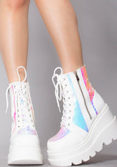 Cape Robbin Radio Holographic Platform Ankle Chunky Block Heels Boots White