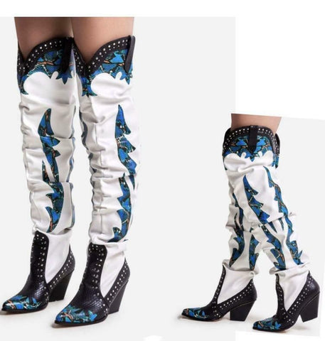 Luxemoda Sunset White Blue Over The Knee Slouchy Western Cowgirl Dress Boots