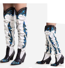 Luxemoda Sunset White Blue Over The Knee Slouchy Western Cowgirl Dress Boots