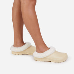 Luxemoda Women's Muffin Fluffy Faux Fur Trim Flat Rubber Mule Waterproof Slipper