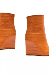 Schutz Bright Tangerine Croc-Embossed Orange Pointed Toe Wedge Heel Boots