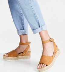 Soda Topic Open Toe Buckle Ankle Strap Espadrilles Flatform Wedge Casual Sandal (6, Tan)