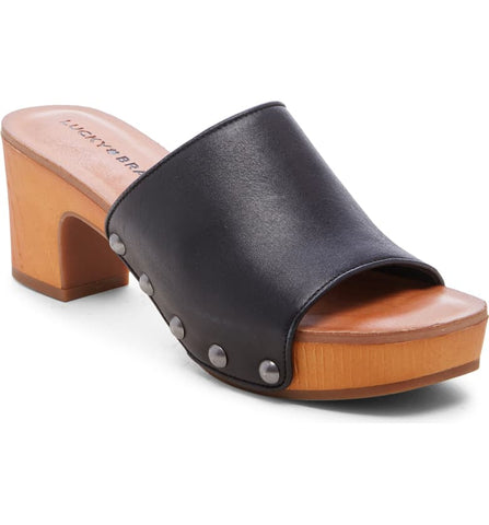 Lucky Brand Fineena Black Leather High Block Heel Clog Slip On Platform Sandals