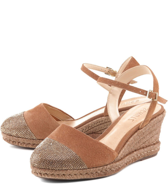 Schutz Brown Espadrille Strappy Ankle Crystal Cap Toe Wedge Pump Sandals