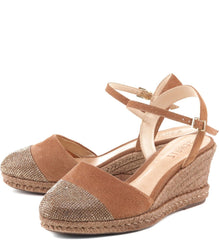 Schutz Brown Espadrille Strappy Ankle Crystal Cap Toe Wedge Pump Sandals