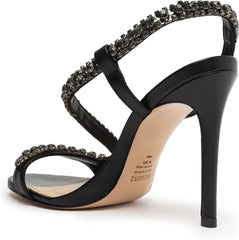 Schutz Court Black Metallic Crystal Studs Pull On Open Toe Stiletto Heel Sandals