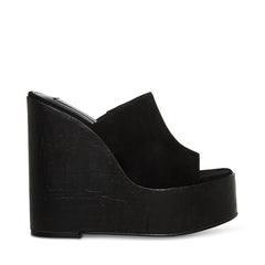 Steve Madden Joanne Black Suede Slip On High Platform Wedge Heeled Sandals