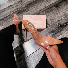 Cape Robbin MELROSE NUDE Clear Cork Slip-On Mule Pointy Open Toe Stiletto Heel (10)