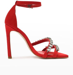 Schutz Linsey Red Studs Detail Ankle Strap Open Toe Stiletto High Heel Sandals