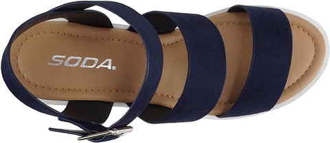 Soda Account Navy Suede Ankle Strap Round Open Toe Strappy Block Heeled Sandals