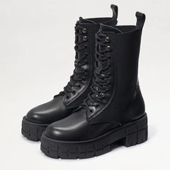 Sam Edelman Nakita Black Leather Chunky Heel Round Toe Lace Up Combat Ankle Boot