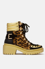 Cape Robbin Summit Leopard Gold Combat Bootie Lug Sole Lace Up Platform Ankle Boot