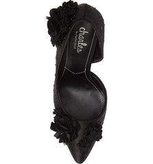 Charles David Black Pointed Flower Embellished Satin Formal Stiletto Pump