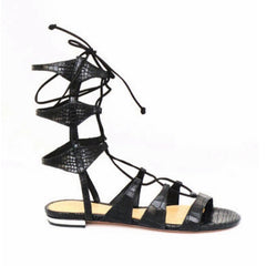 Schutz Erlina Black Croco Leather Flat Criss Cross Straps Gladiator Sandals