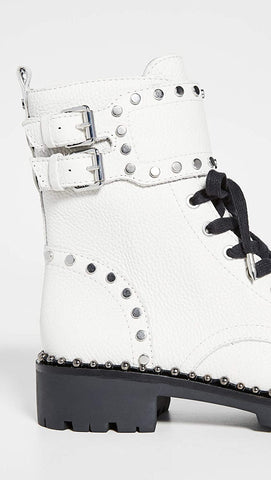 Sam Edelman Jennifer Bright White Leather Lace Up Studded Combat Ankle Boots