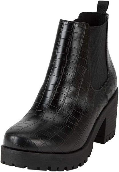 Soda Jaber Black Croco Chunky Sole Elastic Gore Pull On Wide Chelsea Ankle Boot