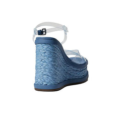 Schutz Caryne Transparente Summer Jeans Blue Ankle Strap Open Toe Wedge Sandals