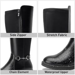 CentroPoint Stretch Knee High Fashion Wide Calf Low Block Heel Chain Booties 8