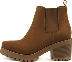 Soda Jaber Chestnut Chunky Lug Sole Elastic Gore Pull On Wide Chelsea Ankle Boot