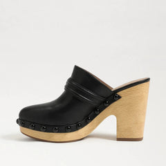 Sam Edelman Nyla Black Leather Rounded Toe Slip On Block Heel Clog Mules