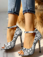 Ermonn Snakeskin Black White Platform Dress Ankle Strap Open Toe Pump Shoes