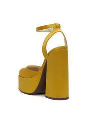 Jessica Simpson Skilla Yellow Mustard Satin Platform Pump Buckle Strap Block Heel