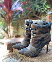 Jessica Simpson Padina Camo Green Quilted Puffer Pointed Toe Ankle Bootie Boots