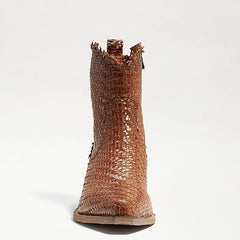 Sam Edelman Blair Light Gold Stacked Heel Pointed Toe Leather Woven Western Boot